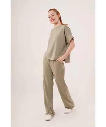 odal Kısa Kollu Üst Ve Geniş Paça Eşofman İkili Yağ Yeşili Takım