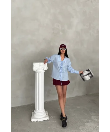 OKUL YAKA POPLİN GÖMLEK İP BAĞLAMA DETAYLI - Bebe Mavi