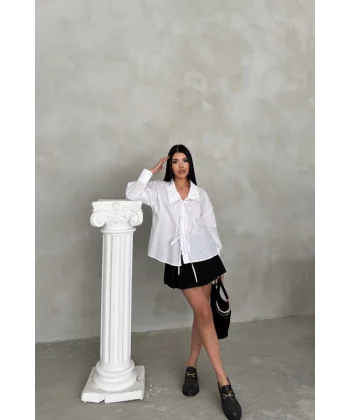 OKUL YAKA POPLİN GÖMLEK İP BAĞLAMA DETAYLI - Beyaz