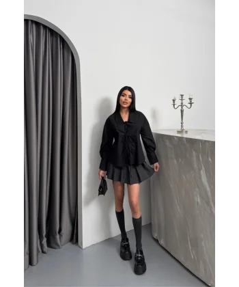 OKUL YAKA POPLİN GÖMLEK İP BAĞLAMA DETAYLI - Siyah