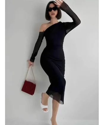 Omuz asimetrik Detaylı Uzun Şifon Elbise - Siyah