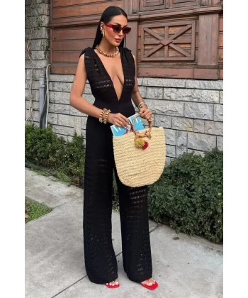 Omuz Büzgülü Ajurlu Triko Tulum 2872