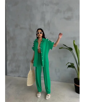 OMUZ MİDYE SIRALI BLUZ - PAÇA PENSLİ PANTOLON TAKIM - Yeşil