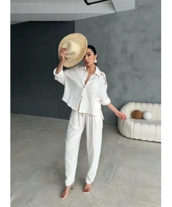 OMUZ SAÇAK DENİZ KABUĞU GÖMLEK - PANTOLON TAKIM - Ekru