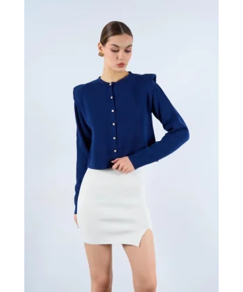 Omuzları Belirgin Triko Hırka  Lacivert