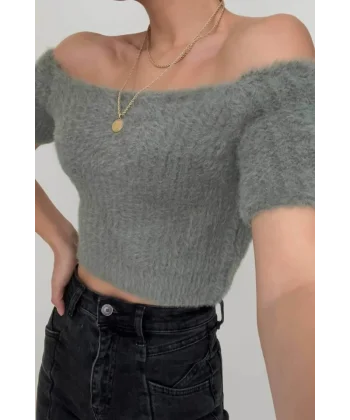 Omuzu Açık Kısa Crop  Haki