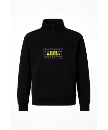 Ön Arka Yarım Fermuarlı Oversize Yakalı Basic SweatShirt - Siyah