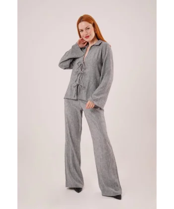 Ön Bağlama Detaylı Pantolon Ve Gömlek Antrasit İkili Takım