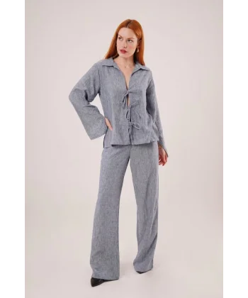 Ön Bağlama Detaylı Pantolon Ve Gömlek İndigo İkili Takım