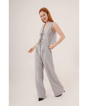 Ön Bağlama Detaylı Yelek Ve Pantolon Gri İkili Takım