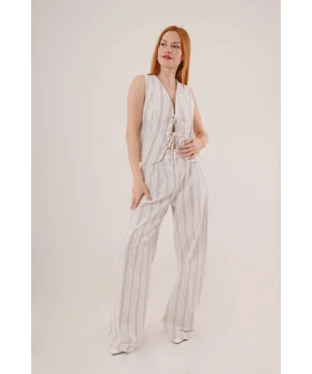 Ön Bağlama Detaylı Yelek Ve Pantolon iyah Çizgili İkili Takım