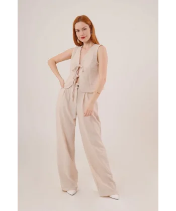 Ön Bağlama Detaylı Yelek Ve Pantolon Taş İkili Takım