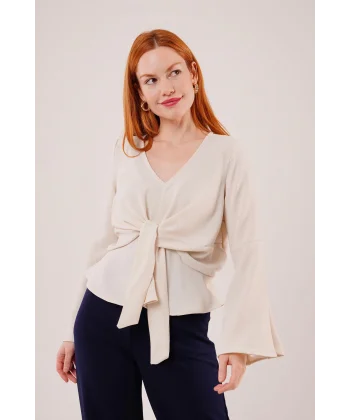 Ön Bağlamalı Volan Kol Ekru Bluz