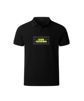 Ön Polo Yaka Pike Peteklı Tişört - Siyah