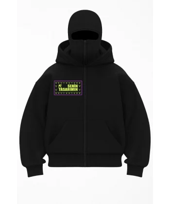 Ön Samuray Kapüşonlu ZIP Fermuarlı Kapüşonlu Sizin Tasarımınız SweatShirt - Siyah