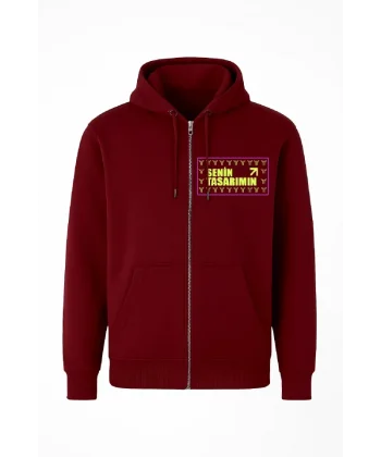 Ön Tam Fermuarlı Kapüşonlu SweatShirt - Bordo
