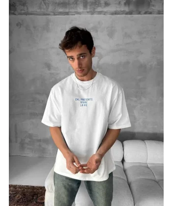 Ön ve Arka Baskılı Oversize Bisiklet Yaka T-shirt- Beyaz