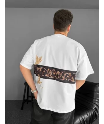 Ön ve Arka Baskılı Oversize Bisiklet Yaka T-shirt - Beyaz