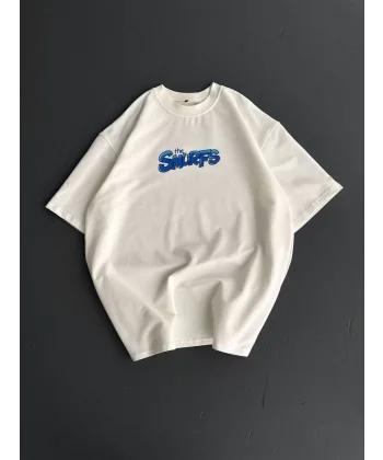 Ön ve Arka Baskılı Oversize Bisiklet Yaka T-shirt- Beyaz