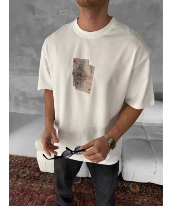 Ön ve Arka Baskılı Oversize Bisiklet Yaka T-shirt - Beyaz