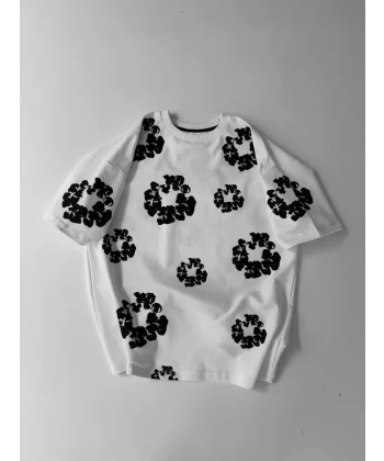 Ön ve Arka Baskılı Oversize Bisiklet Yaka T-shirt- Beyaz