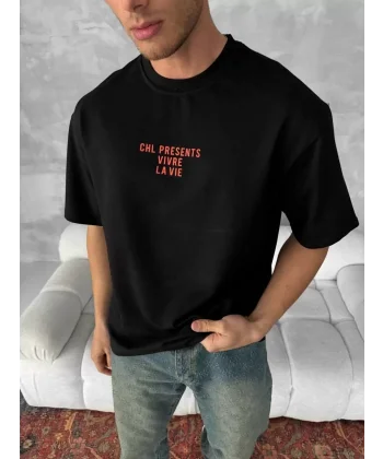 Ön ve Arka Baskılı Oversize Bisiklet Yaka T-shirt- Siyah