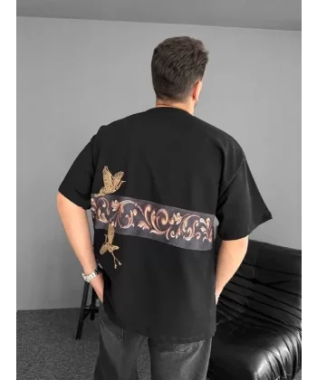 Ön ve Arka Baskılı Oversize Bisiklet Yaka T-shirt - Siyah