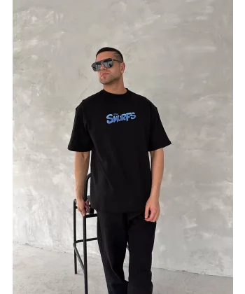 Ön ve Arka Baskılı Oversize Bisiklet Yaka T-shirt- Siyah