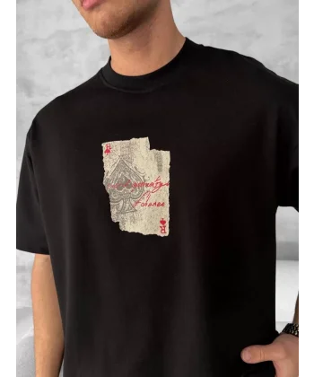 Ön ve Arka Baskılı Oversize Bisiklet Yaka T-shirt - Siyah