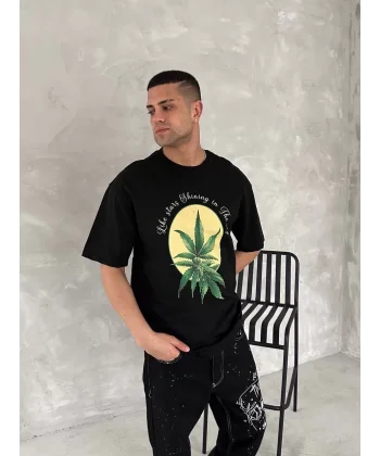 Ön ve Arka Baskılı Oversize Bisiklet Yaka T-shirt- Siyah