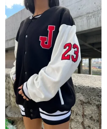 Ön Ve Kol Nakış İşlemeli Kolej Ceket - Siyah