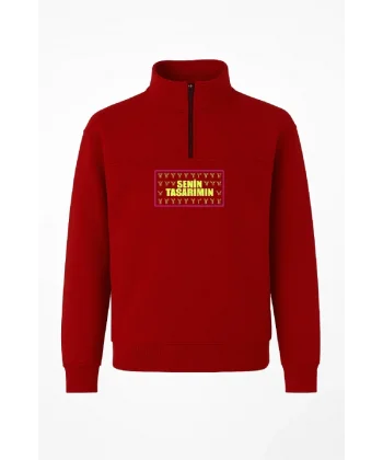 Ön Yarım Fermuarlı Oversize Yakalı Basic SweatShirt - Kırmızı