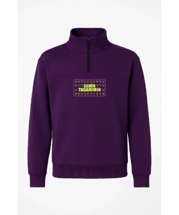 Ön Yarım Fermuarlı Oversize Yakalı Basic SweatShirt - Mor