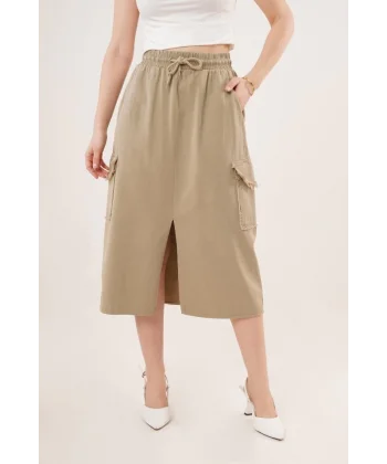 Ön Yırtmaçlı Cep Detaylı Haki Etek