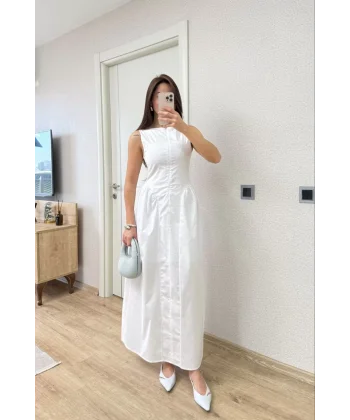 Önden Fermuar detaylı Kolsuz Uzun Elbise - Beyaz