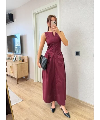 Önden Fermuar detaylı Kolsuz Uzun Elbise - Bordo
