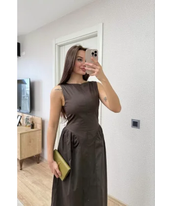 Önden Fermuar detaylı Kolsuz Uzun Elbise - Kahve