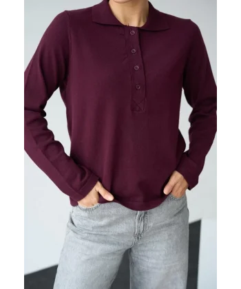 Önü 4 Düğme Polo Yaka Kazak  Bordo