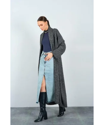 Önü Açık Şal Yaka Hırka  Siyah