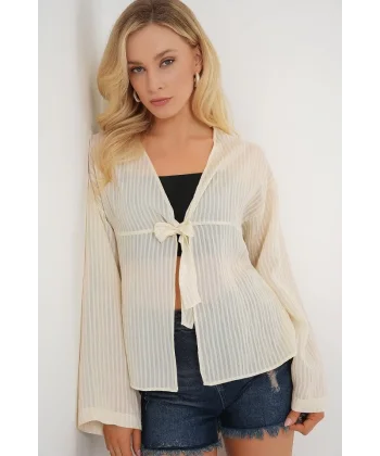 Önü Bağcıklı Bluz 952 - Krem