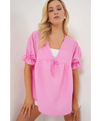Önü Bağcıklı Kısa Kol Bluz 962 - Pembe