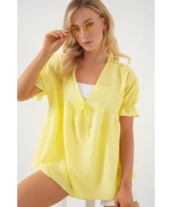Önü Bağcıklı Kısa Kol Bluz 962 - Sarı