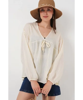Önü Bağcıklı Uzun Kol Bluz 946 - Krem