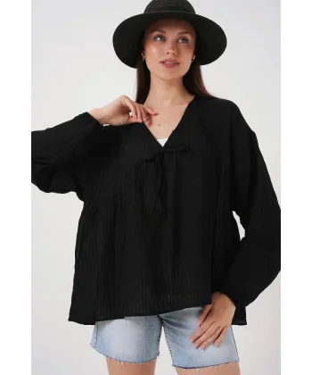 Önü Bağcıklı Uzun Kol Bluz 946 - Siyah