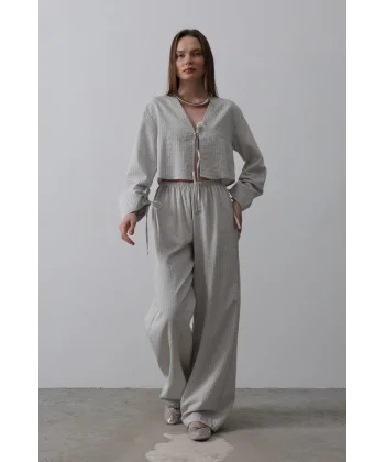 Önü Bağlamalı Crop Takım - Gri
