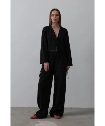 Önü Bağlamalı Crop Takım - Siyah