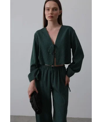 Önü Bağlamalı Crop Takım - Yeşil