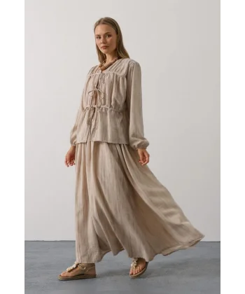 Önü Bağlamalı Etekli Takım - Bej