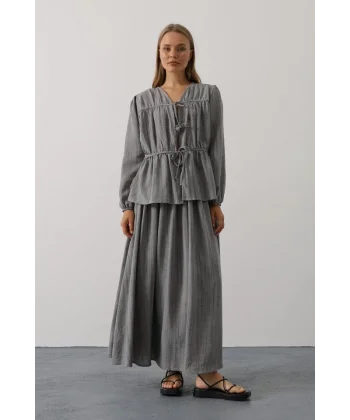 Önü Bağlamalı Etekli Takım - Gri