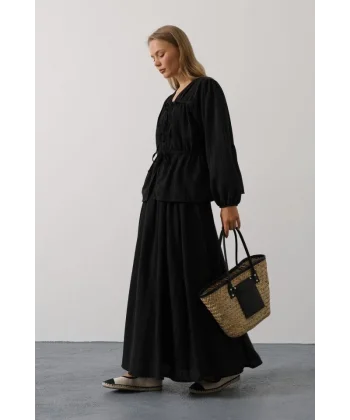 Önü Bağlamalı Etekli Takım - Siyah